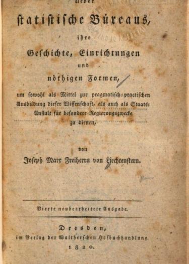 Das Bild zeigt die Titelseite der Publikation Über Statistische Bureaus, aus dem Jahr 1820